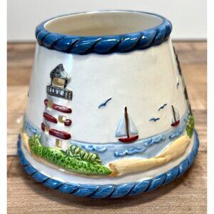 Small Hand-Painted Ceramic Nautical Lighthouse Candle Shade  Blue & White